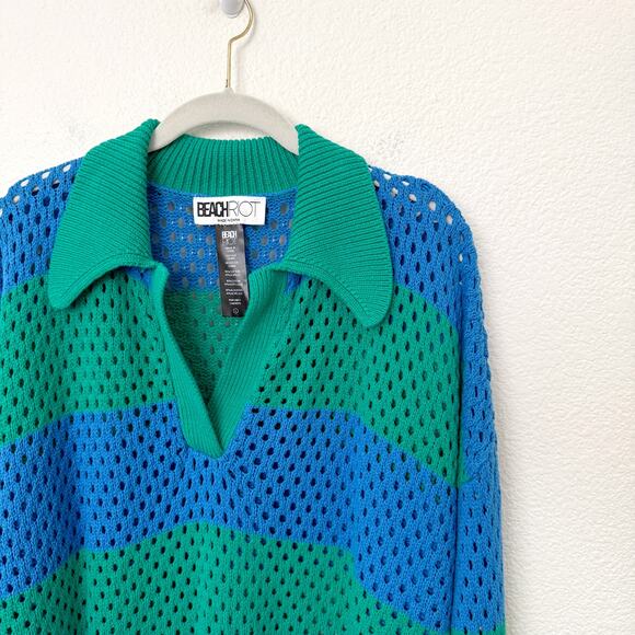 [Beach Riot] Green Blue Rugby Striped Wynn Open Knit Long Sleeve Sweater Large - Picture 10 of 11